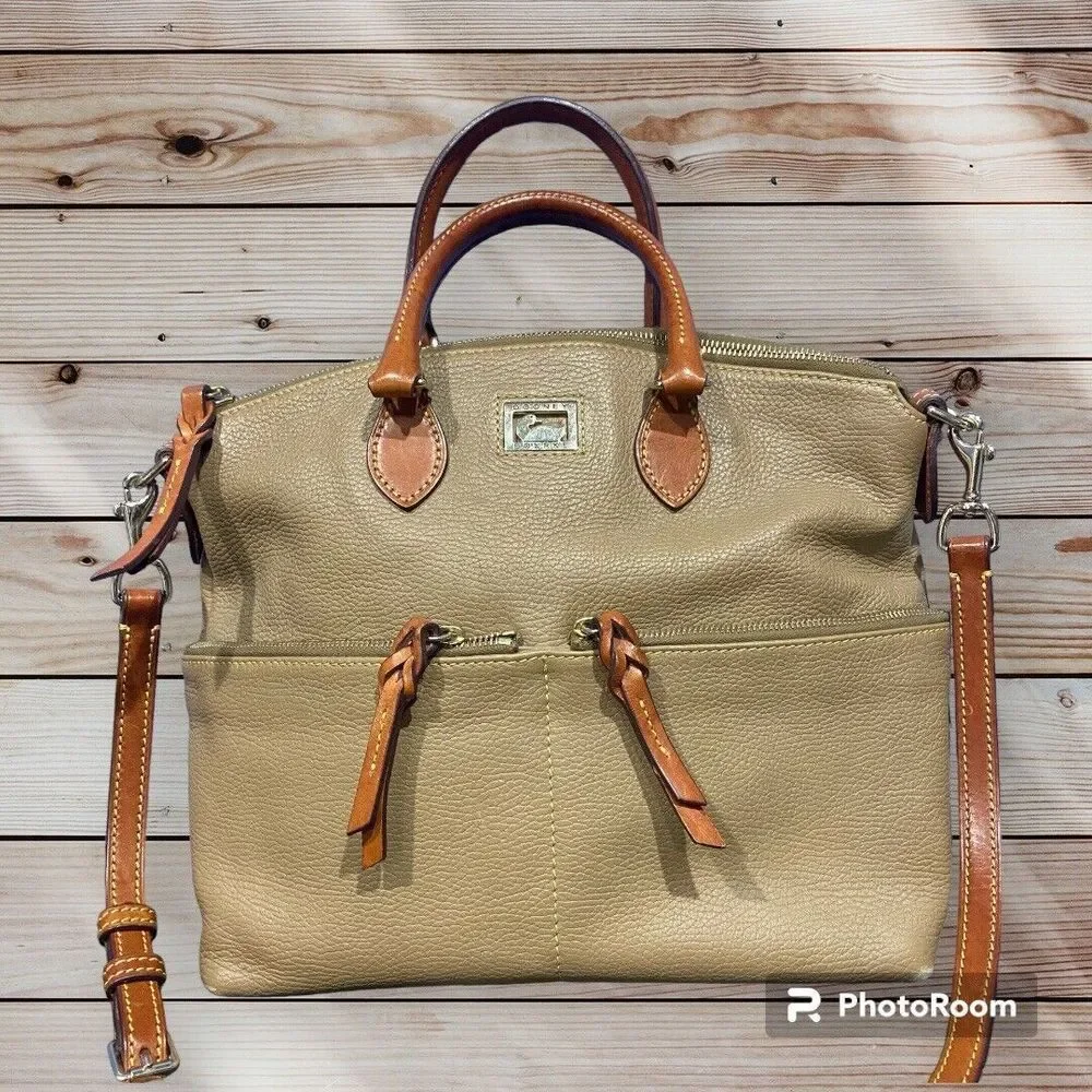 Dooney & Bourke Pebbled Leather DILLEN Double Pocket Satchel Handbag Beige - Picture 1 of 7